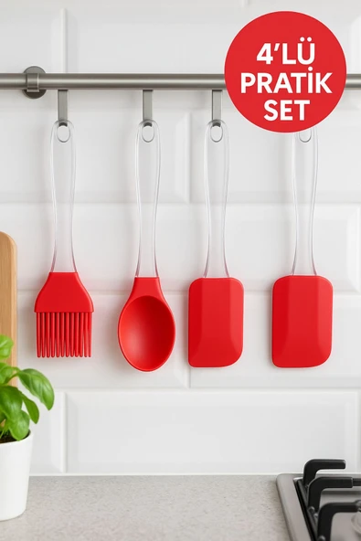 4’Lü Pratik Silikon Mutfak Seti – Karıştırma, Yağlama, Servis ve Krema Kaplama