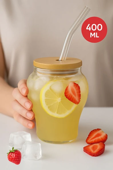 2 Adet Çilek Desenli 400 ml Borosilikat Cam Bardak – Bambu Kapaklı, Cam Pipet Hediyeli - 4