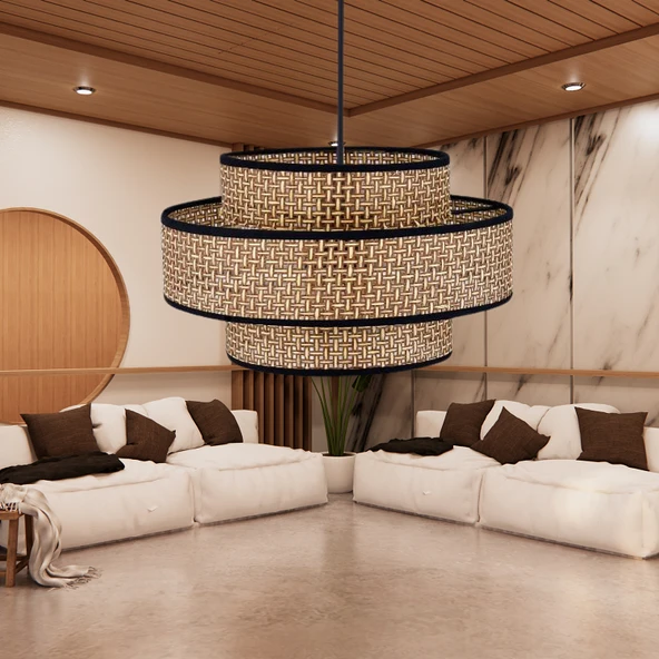 Otantik Trio Metal Kasalı Kahve Hasır Kaplama Rattan Salon Avize Üç Katlı Pasta Yatak Odası Sarkıt - 3