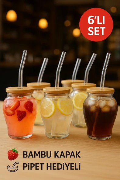 6'lı Çilek Desenli 400 ml Borosilikat Cam Bardak – Bambu Kapaklı, Cam Pipet Hediyeli