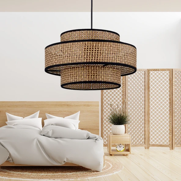 Otantik Trio Metal Kasalı Kahve Hasır Kaplama Rattan Salon Avize Üç Katlı Pasta Yatak Odası Sarkıt - 2