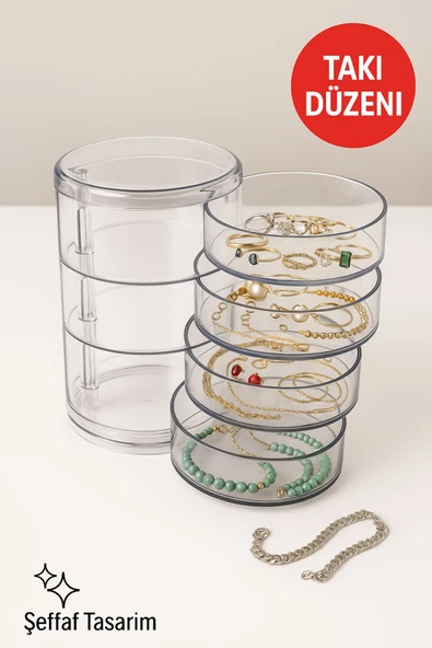 4 Katlı Şeffaf Döner Organizer – Takı, Makyaj ve Aksesuar Düzenleyici, Taşınabilir Tasarım Şeffaf - Resim 3