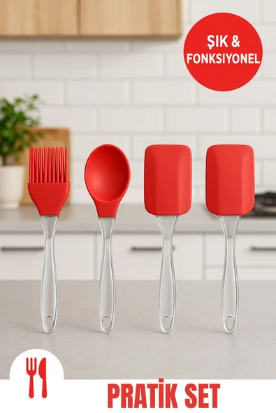 4’Lü Pratik Silikon Mutfak Seti – Karıştırma, Yağlama, Servis ve Krema Kaplama - 4