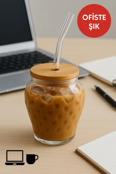 6'lı Çilek Desenli 400 ml Borosilikat Cam Bardak – Bambu Kapaklı, Cam Pipet Hediyeli - 5