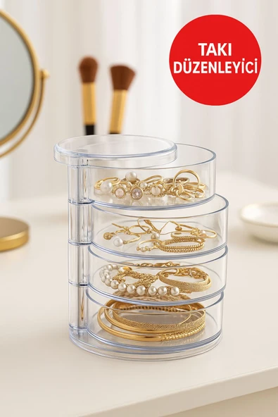 4 Katlı Şeffaf Döner Organizer – Takı, Makyaj ve Aksesuar Düzenleyici, Taşınabilir Tasarım Şeffaf - Resim 2
