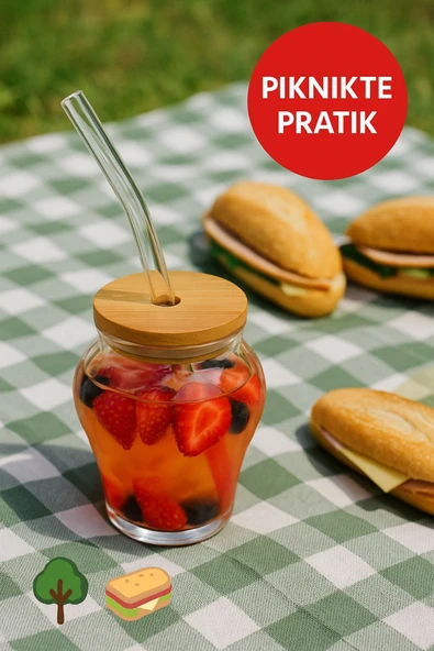 Çilek Desenli 400 ml Borosilikat Cam Bardak – Bambu Kapaklı, Cam Pipet Hediyeli, Şık ve Sağlıklı - Resim 4