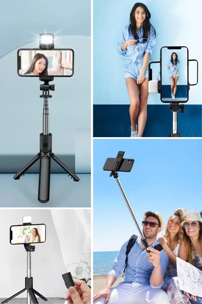 ® Kendiliğinden LED Işıklı Kumandalı Uzayabilen Selfie Çubuğu,Masa Üstü Tripod - 5