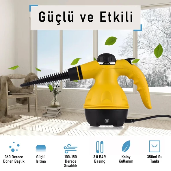 Valkyrie 2500W El Tipi Buharlı Temizleyici – 3 Bar Basınç, 360° Döner Başlık, 9 Parça Aparatlı, Çok Amaçlı Kullanım - Resim 3