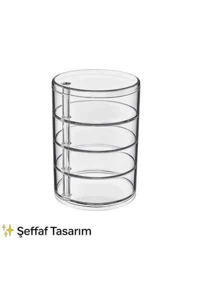 4 Katlı Şeffaf Döner Organizer – Takı, Makyaj ve Aksesuar Düzenleyici, Taşınabilir Tasarım Şeffaf - Resim 6