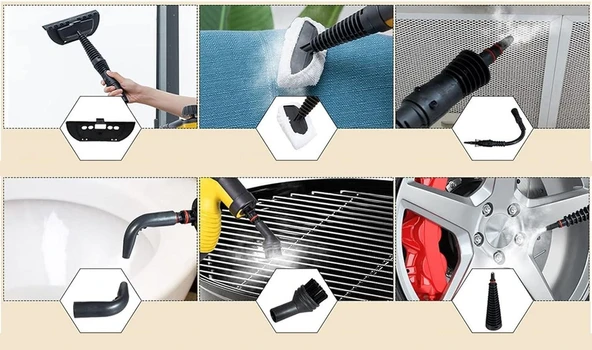 Valkyrie 2500W El Tipi Buharlı Temizleyici – 3 Bar Basınç, 360° Döner Başlık, 9 Parça Aparatlı, Çok Amaçlı Kullanım - Resim 2