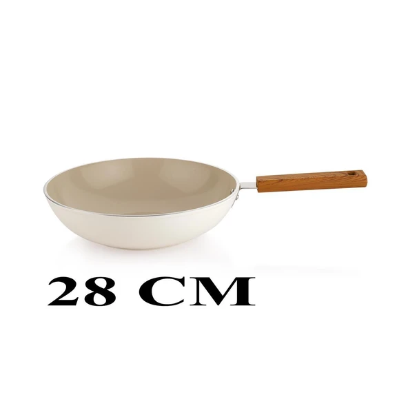 Schafer Ceramoni Seramik Wok Tava 28 Cm Cam Kapaklı-Krem - 5