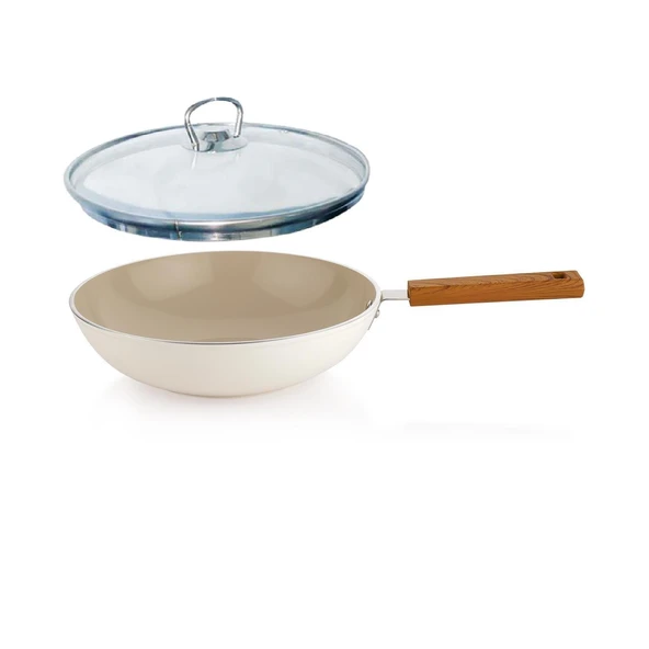 Schafer Ceramoni Seramik Wok Tava 28 Cm Cam Kapaklı-Krem - 1