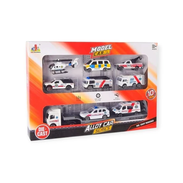 10 Parça Araç Taşıyan Tır Seti - Die Cast - DS047 - Ambulans - 2