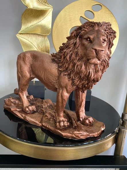 Dekoratif Aslanl Biblo Ev Ofis Heykal Polyester Bronz - 2