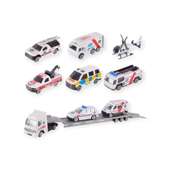 10 Parça Araç Taşıyan Tır Seti - Die Cast - DS047 - Ambulans