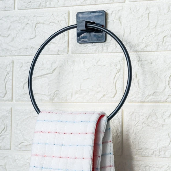 İpek Yıldızı® Kendiliğinden Yapışkanlı Siyah Paslanmaz Metal Yuvarlak Havluluk - Resim 3