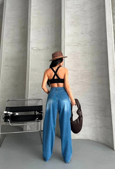 Baggy süper taş bıyık yıkama mavi jeans pantolon d2007 - Resim 2