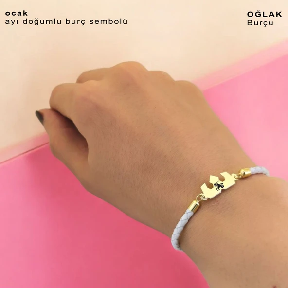 Burca Özel Taç Motifli Doğal Beyaz Derili 14 Ayar Altın Plakalı Hediye Bileklik-465 - Resim 2