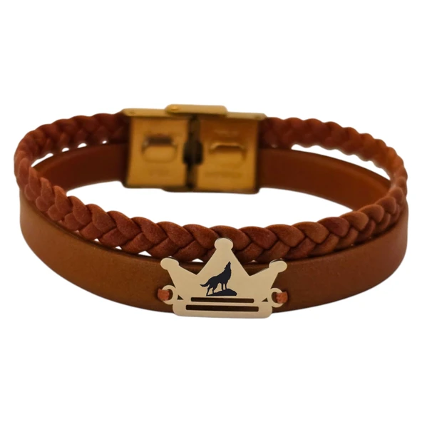 Sembole Özel Doğal Kahverengi Derili 14 Ayar Altın Plakalı Taç Motifli Hediye Bileklik-467 ürün görseli
