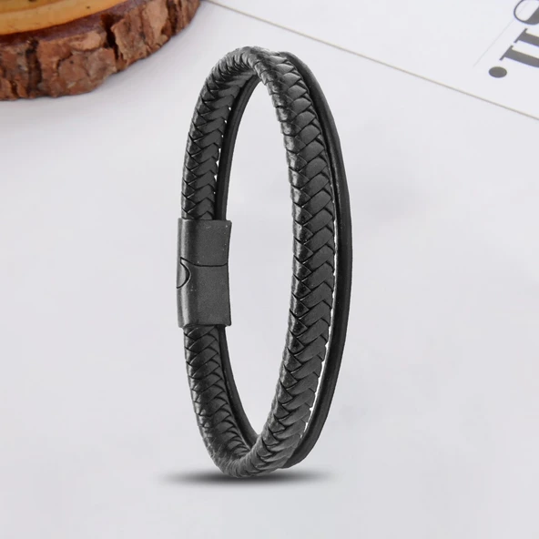 Siyah Renk Çoklu Deri Bileklik 31833B5D1 - Resim 3