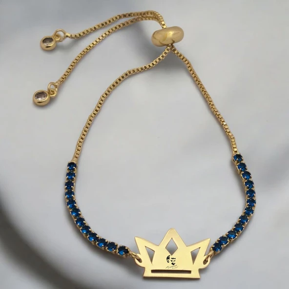 Sembole Özel Mavi Taş Desenli Zincirli 14 Ayar Altın Plakalı Taç Figürlü Hediye Bileklik-466 ürün görseli