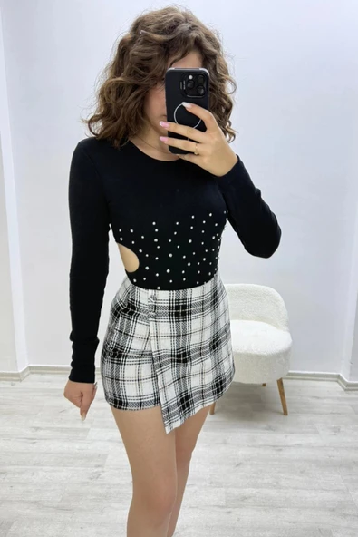 Siyah Beyaz Desenli Mini Etek - 4