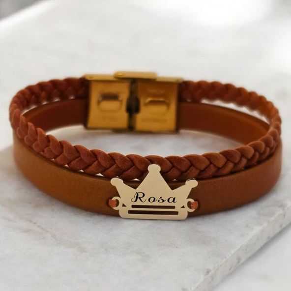 İsme Özel Taç Motifli Doğal Kahverengi Derili 14 Ayar Altın Plakalı Hediye Bileklik-467 ürün görseli