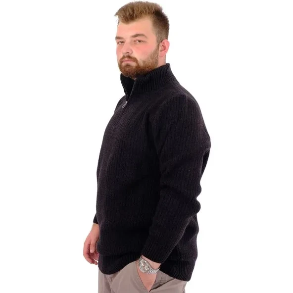 Büyük Beden Erkek Triko Kazak Yarım Fermuarlı Dik Yaka 24209 Siyah - 3