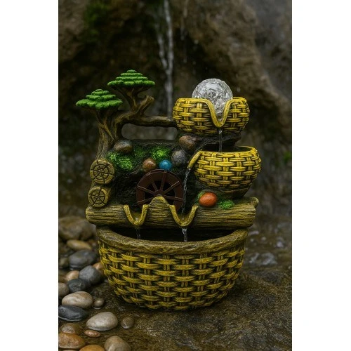 Değirmen Huzur Veren Su Sesi Şelale Hasır Sepet Yosun Efektli Süs Fıskiye LED Işıklı Ev Ofis Biblo M - Resim 3