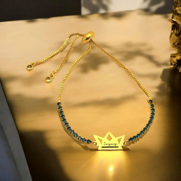 İsme Özel Taç Figürlü Mavi Taş Desenli Zincirli 14 Ayar Altın Plakalı Hediye Bileklik-466 ürün görseli