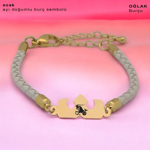 Burca Özel Taç Motifli Doğal Beyaz Derili 14 Ayar Altın Plakalı Hediye Bileklik-465 ürün görseli