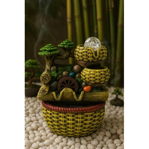 Değirmen Huzur Veren Su Sesi Şelale Hasır Sepet Yosun Efektli Süs Fıskiye LED Işıklı Ev Ofis Biblo M ürün görseli 1