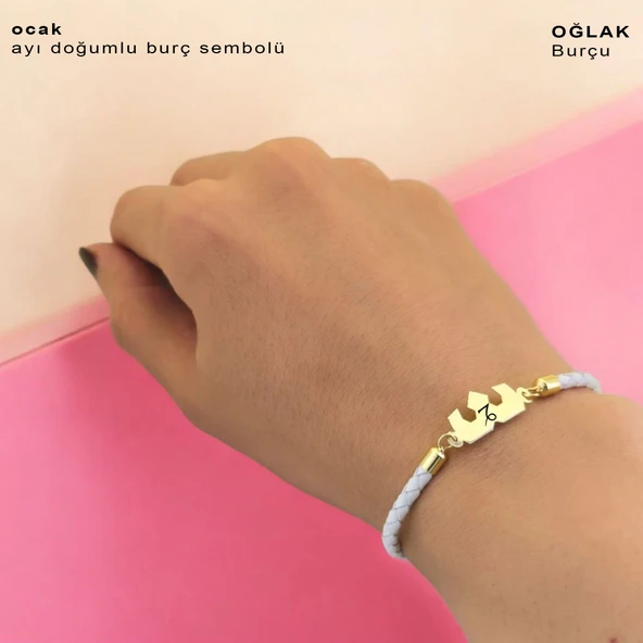 Doğum Ayına Özel 14 Ayar Altın Plakalı Taç Motifli Doğal Beyaz Derili Hediye Bileklik-465 - Resim 2