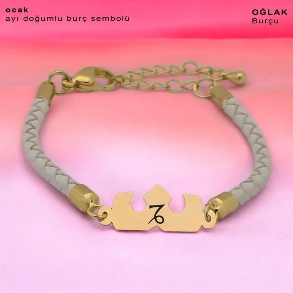 Doğum Ayına Özel 14 Ayar Altın Plakalı Taç Motifli Doğal Beyaz Derili Hediye Bileklik-465 ürün görseli