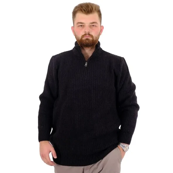Büyük Beden Erkek Triko Kazak Yarım Fermuarlı Dik Yaka 24209 Siyah