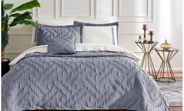 Özdilek Grıs Yatak Örtülü Nevresim Takımı 10 Parça İndigo