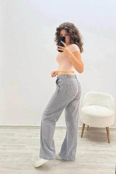 Geniş Paça Gri Jean Pantolon - 3