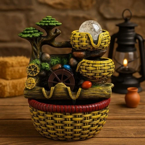 Değirmen Huzur Veren Su Sesi Şelale Hasır Sepet Yosun Efektli Süs Fıskiye LED Işıklı Ev Ofis Biblo M - Resim 2