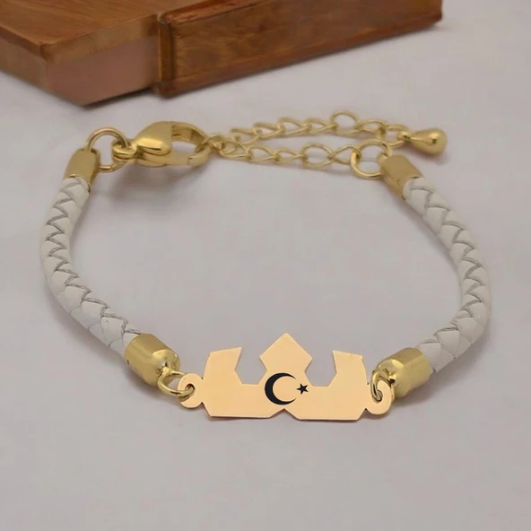 Sembole Özel Doğal Beyaz Derili 14 Ayar Altın Plakalı Taç Motifli Hediye Bileklik-465 ürün görseli