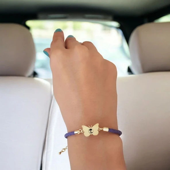 Sembole Özel Hakiki Mor Derili 14 Ayar Altın Plakalı Kelebek Motifli Hediye Bileklik-469 - Resim 2