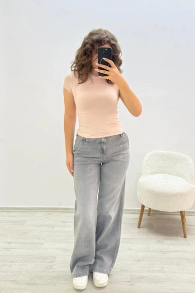 Geniş Paça Gri Jean Pantolon - 1