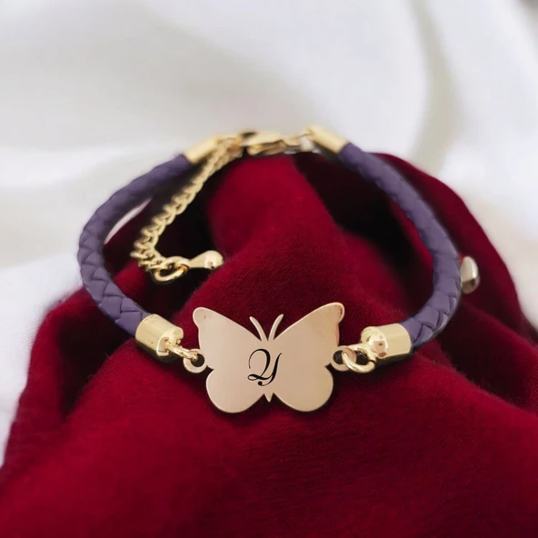 Harfe Özel 14 Ayar Altın Plakalı Kelebek Motifli Hakiki Mor Derili Hediye Bileklik-469 ürün görseli