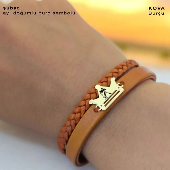 Doğum Ayına Özel 14 Ayar Altın Plakalı Taç Motifli Doğal Kahverengi Derili Hediye Bileklik-467 - Resim 3