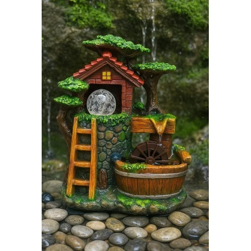 Köy Evi Değirmeni Huzur Veren Su Sesi Şelale Fıskiye LED Işıklı Masaüstü Dekoratif Ev Ofis Biblo K - Resim 2