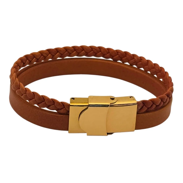 Harfe Özel 14 Ayar Altın Plakalı Taç Motifli Doğal Kahverengi Derili Hediye Bileklik-467 - Resim 5
