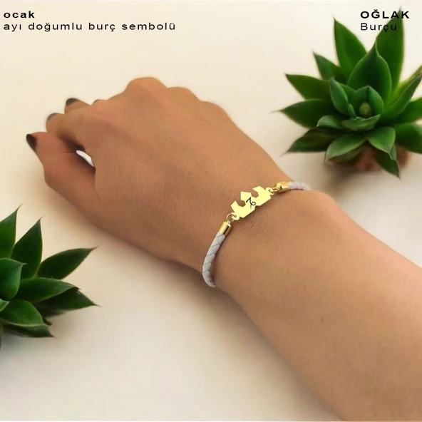 Doğum Ayına Özel 14 Ayar Altın Plakalı Taç Motifli Doğal Beyaz Derili Hediye Bileklik-465 - Resim 3