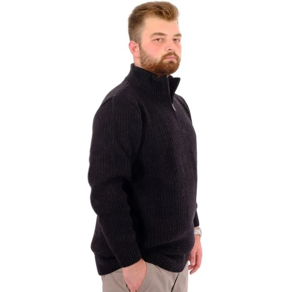 Büyük Beden Erkek Triko Kazak Yarım Fermuarlı Dik Yaka 24209 Siyah - 2