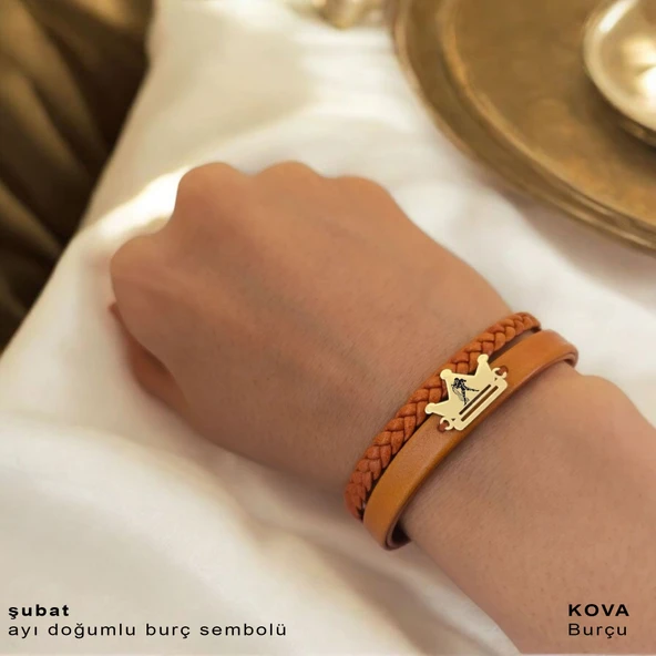 Burca Özel Taç Motifli Doğal Kahverengi Derili 14 Ayar Altın Plakalı Hediye Bileklik-467 - Resim 2