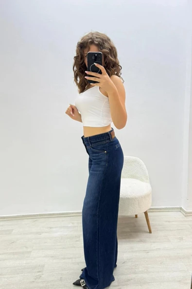 Geniş Paça Koyu Mavi Jean Pantolon - 2