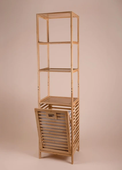 The Mia Bambu 4 Raflı Banyo Düzenleyici Dolap ve Çamaşır Sepeti 160x40x33 Cm - Resim 3